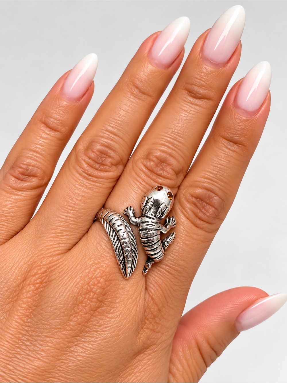 Silver Gecko Adjustable Ring - White Accent -